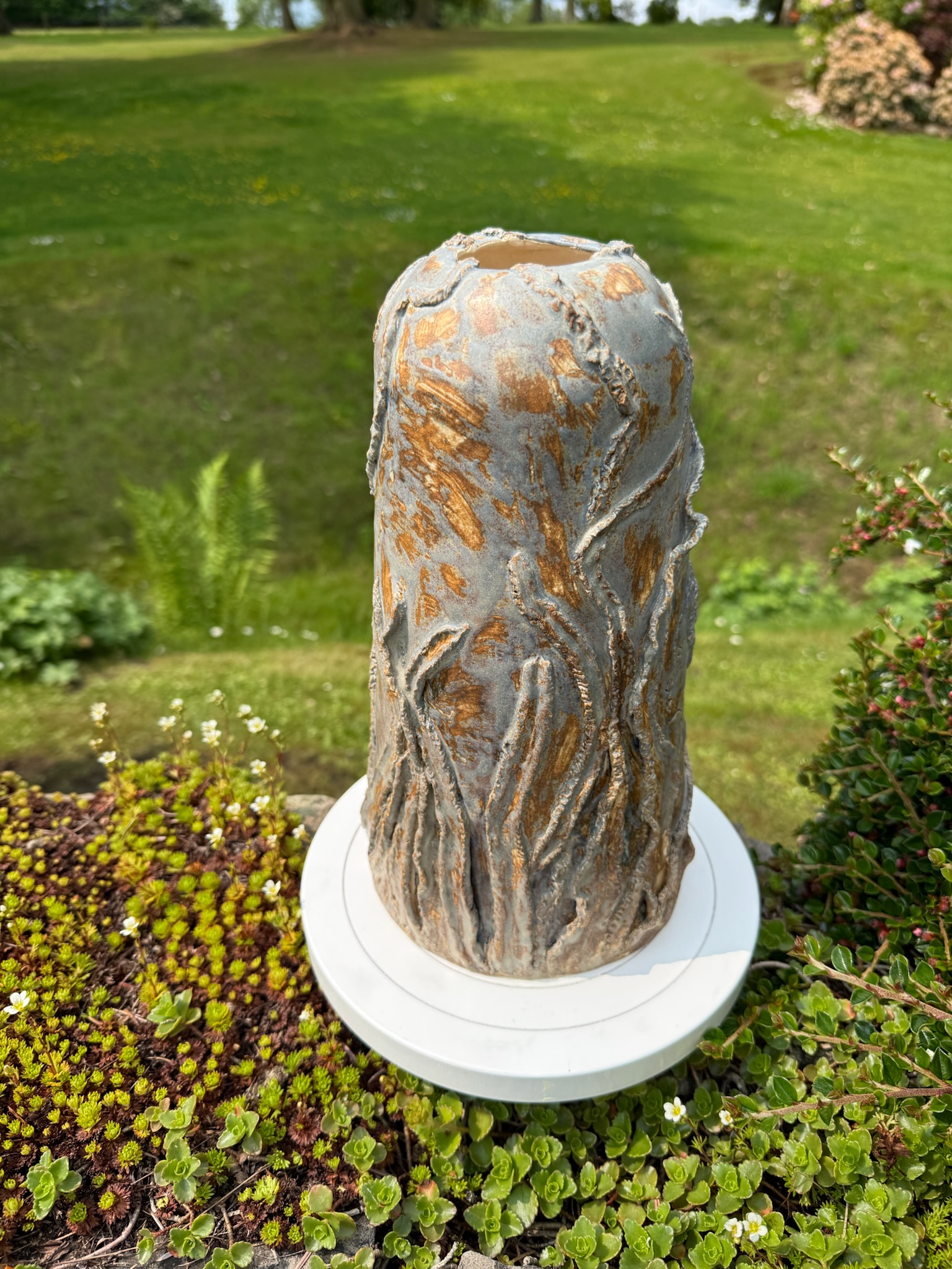 Abstract slab-built ceramic form with gold raku