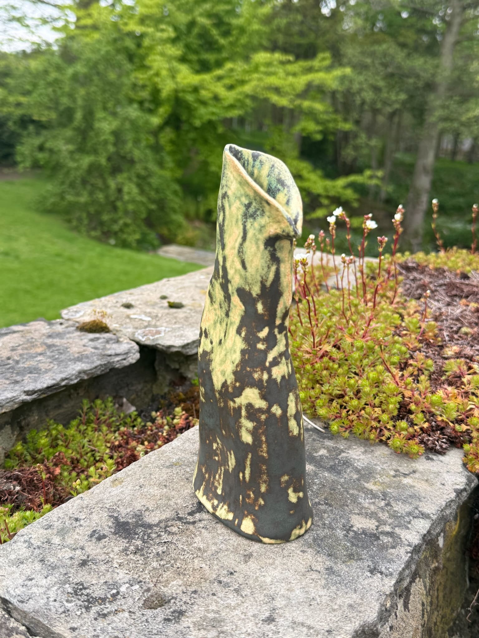 Hooded ceramic vessel, soft celadon crackle glaze