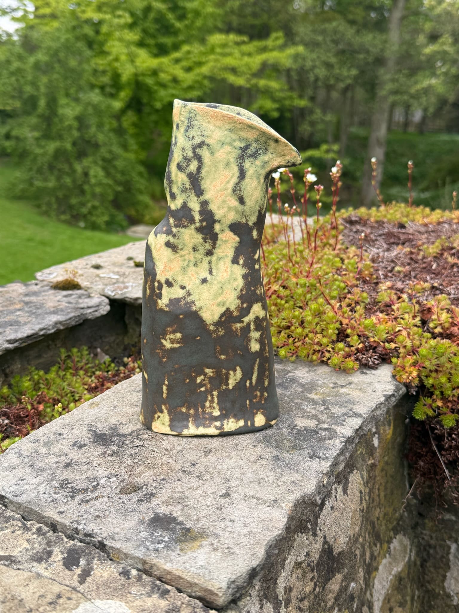 Hooded ceramic vessel, celadon crackle with charcoal edge